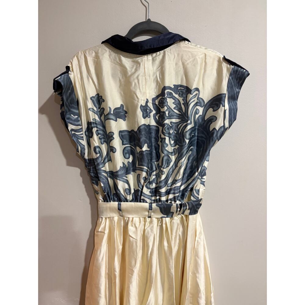 Cream and Blue Printed Midi Shirt Dress with Tie Waist - Picture 6 of 7